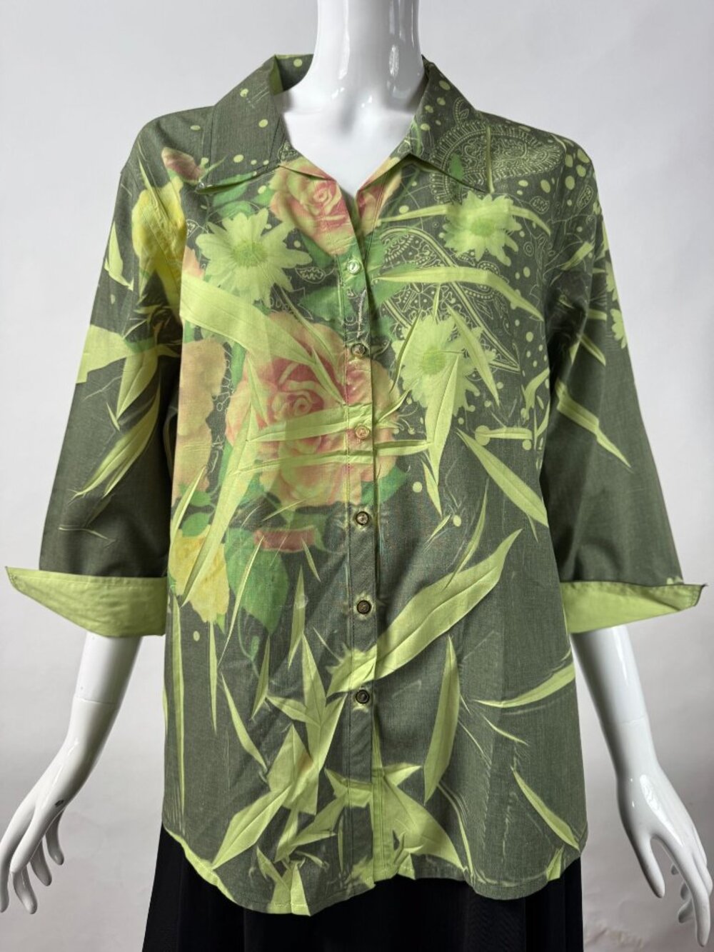 Floral Button-Up Shirt With Green & Yellow Abstract Print Lightweight Fabric Siz